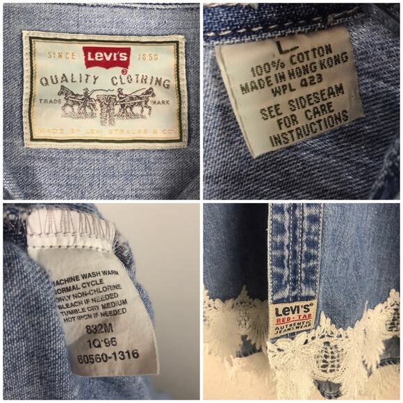 Vintage Levi's Chambray Denim Shirt Shacket Oversized Upcycled Doily Lace Boho L - Picture 12 of 16